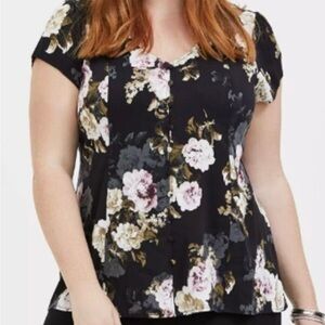 Torrid Black Floral Stretch Challis Lace-Up Back Top for Women Size 1X